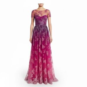 Marchesa Notte Metallic Ombre Embroidered Maxi Gown Size 12 NWT